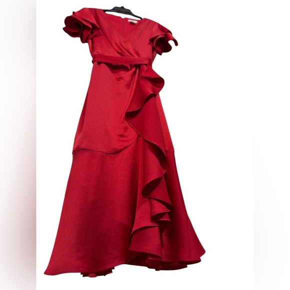 Dkny Dresses & Skirts - Women's V neck Ruffle Front Red Satin Crepe belted Gown 
Size 8